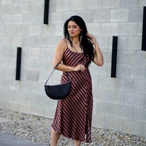 A New Day Asymmetrical Satin Striped Midi Dress